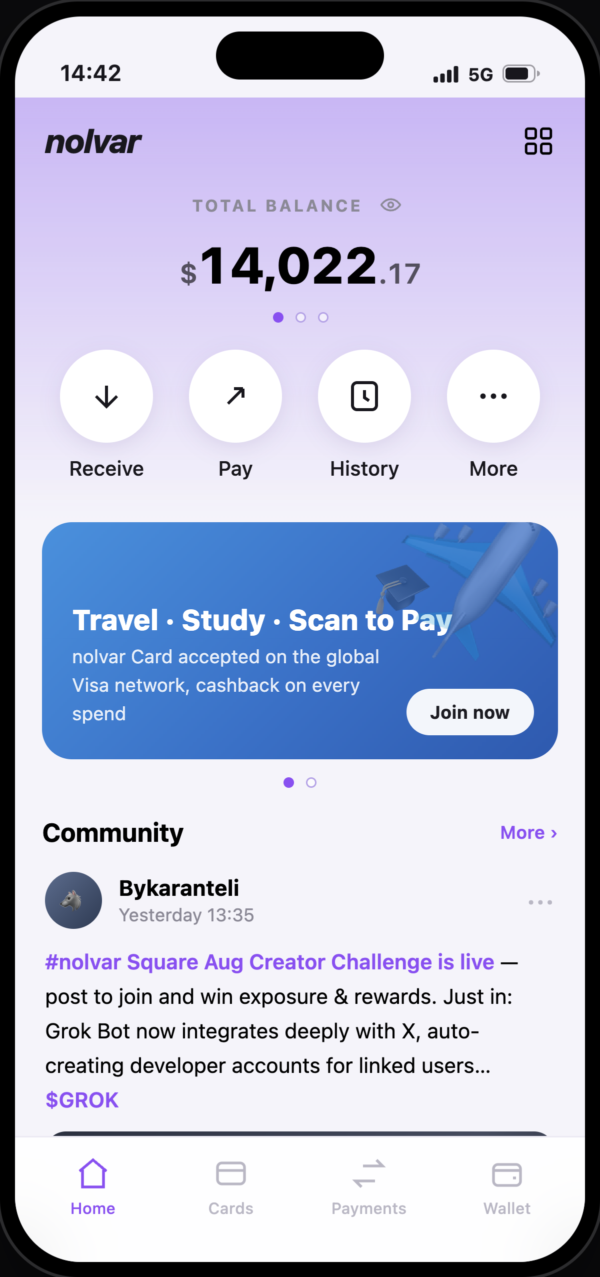 nolvar app — wallet home