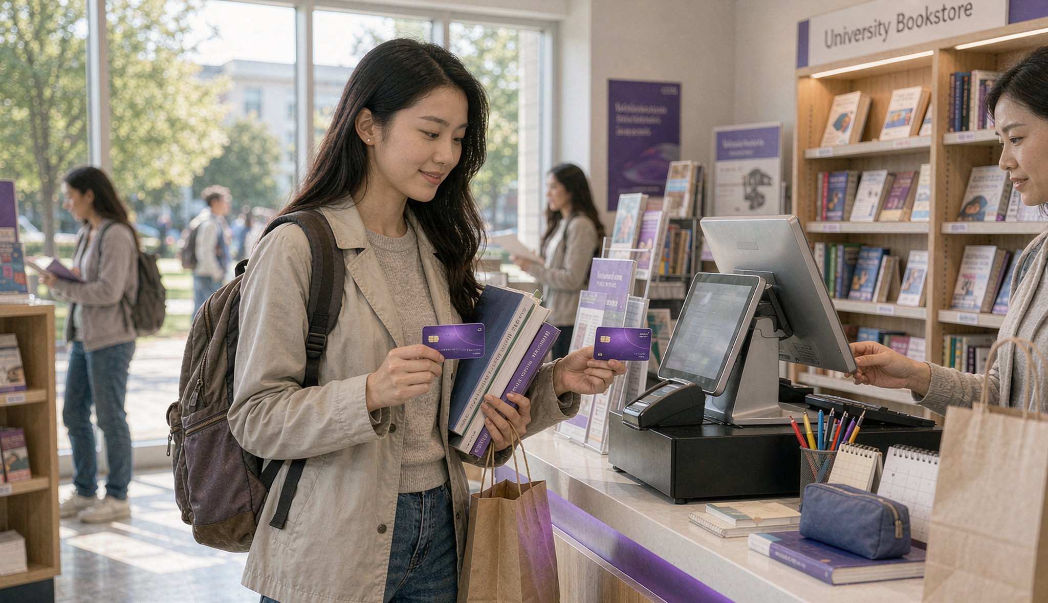 International student paying with nolvar card at a campus bookstore