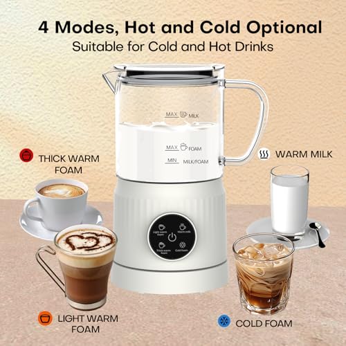 4-in-1 Electrical Milk Frother and Steamer with LED Contact Display, Non-Stick Base, 13.52oz Milk Hotter for Lattes, Cappuccinos, and Macchiatos – Ivory