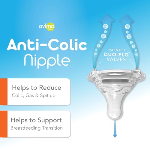 Avima Child 4 oz Anti-Colic Bottles for Breastfed Infants - Gradual Movement Nipples, Extensive Neck Design, BPA-Free - Appropriate for Newborns 0-3 Months, Stage 1 (Pack of three)