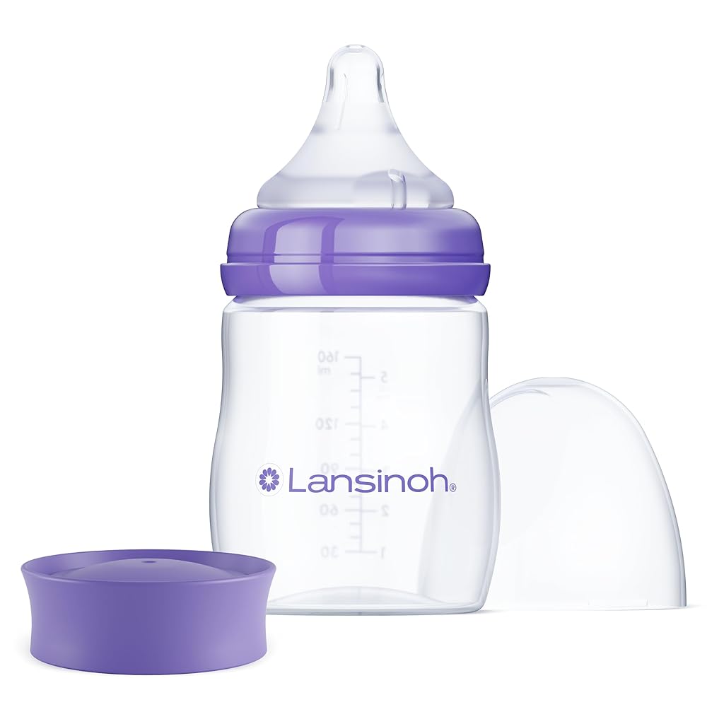 Lansinoh 5 Ounce Anti-Colic Child Bottle for Breastfed Infants, Contains 1 Sluggish Move Measurement S Nipple and Stackable Lid, Single Depend