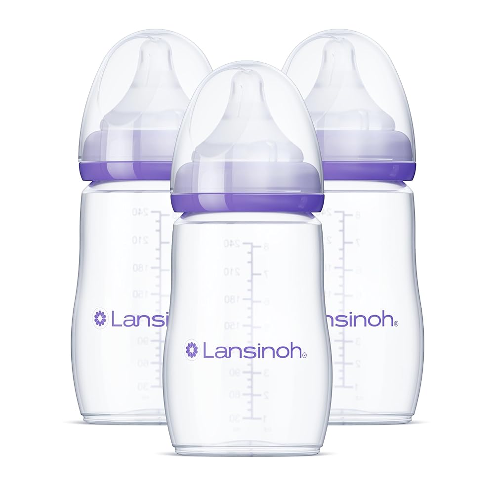 Lansinoh 8-Ounce Anti-Colic Child Bottles for Breastfed Infants, Pack of three, Comes with 3 Medium Circulate Nipples, Dimension M